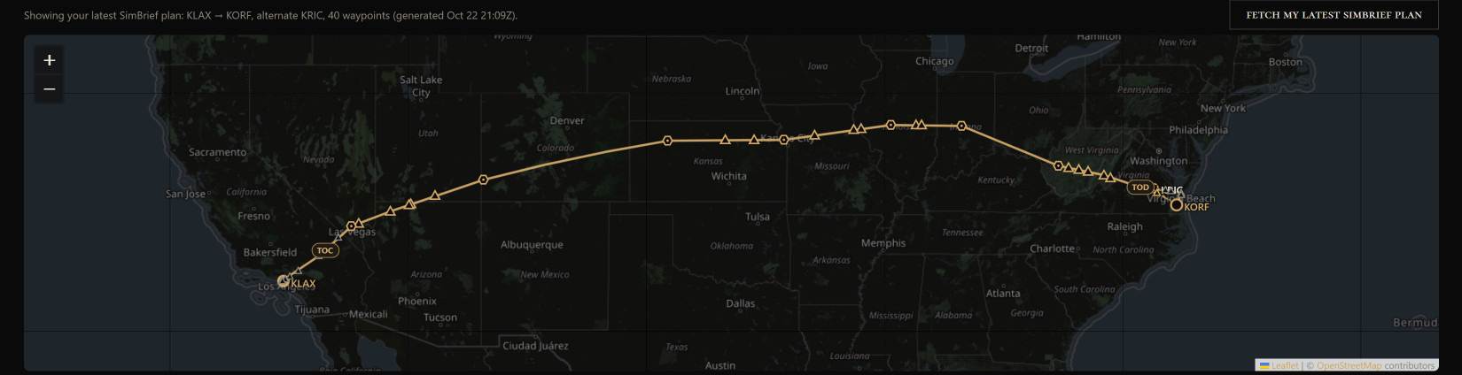 A SimBrief plan on the map, KLAX to KORF