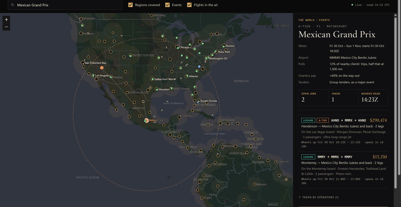The website's live map: every region's board, the events and the flights in the air