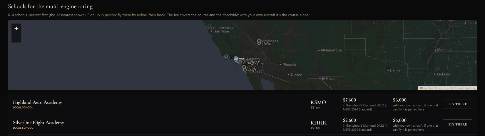 Pilot, Find a school: the schools for each rating, nearest first, with both prices