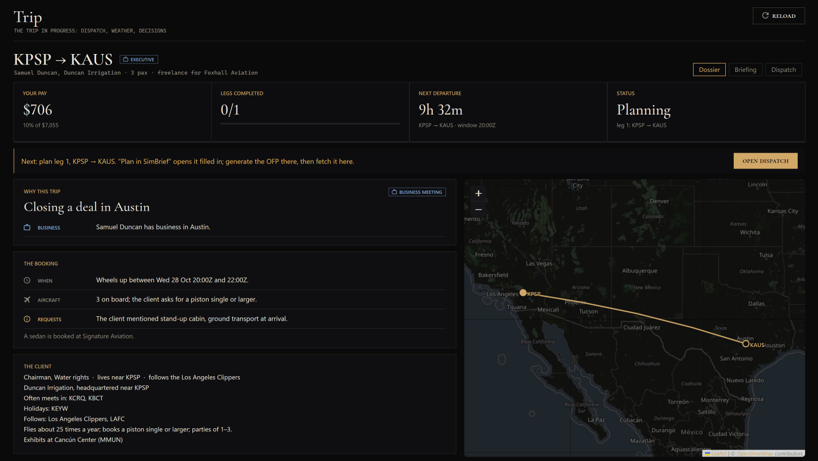 The Trip page: why the client is flying, the booking, the client and the route